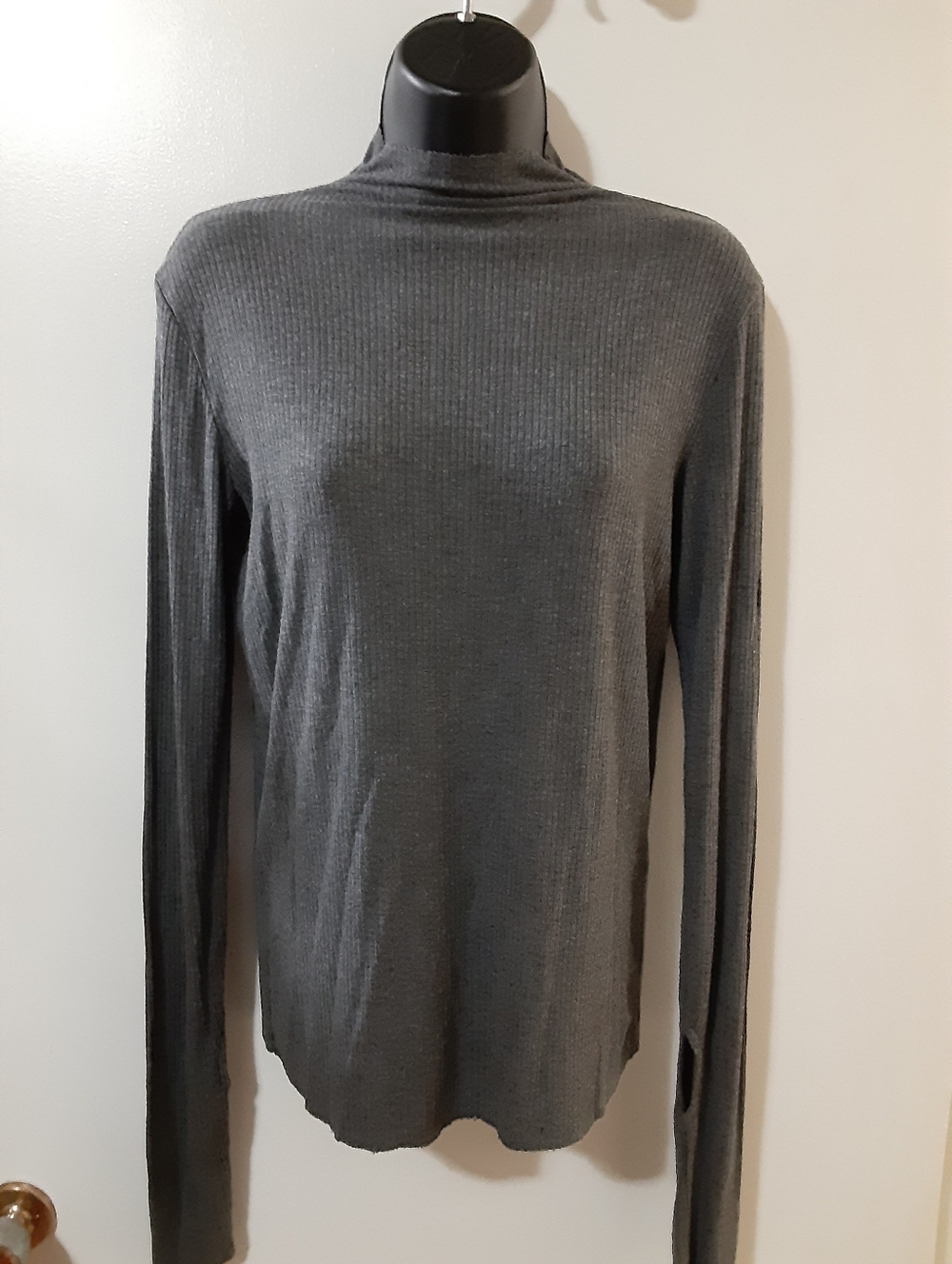 Oak + Fort Ribbed Turtleneck Long Sleeve Top Dark Grey Stretch XS S